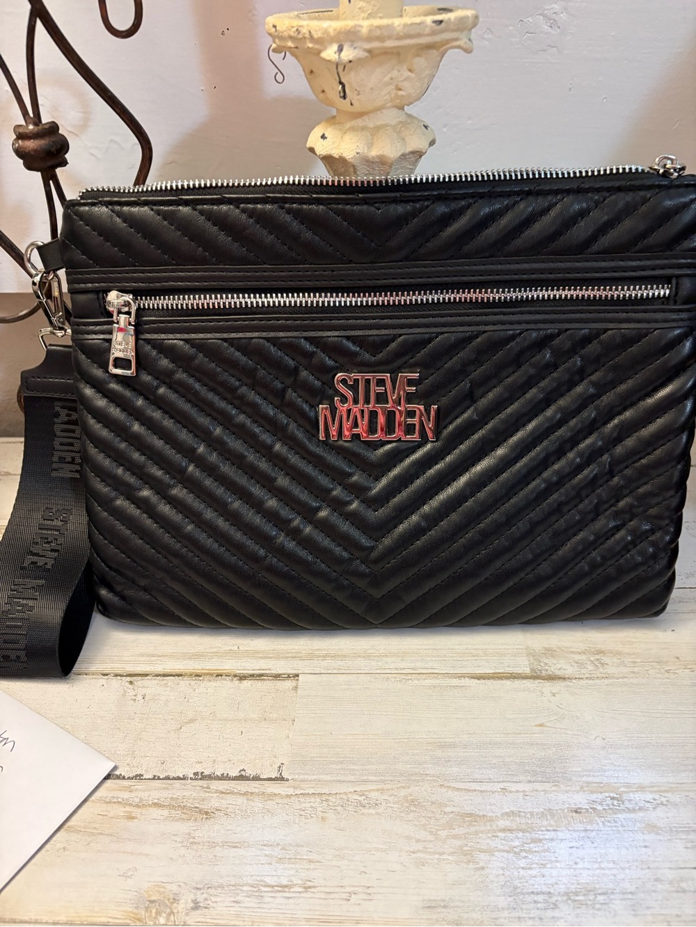 Steve Madden Black Quilted Messenger Crossbody with Silver Hardware